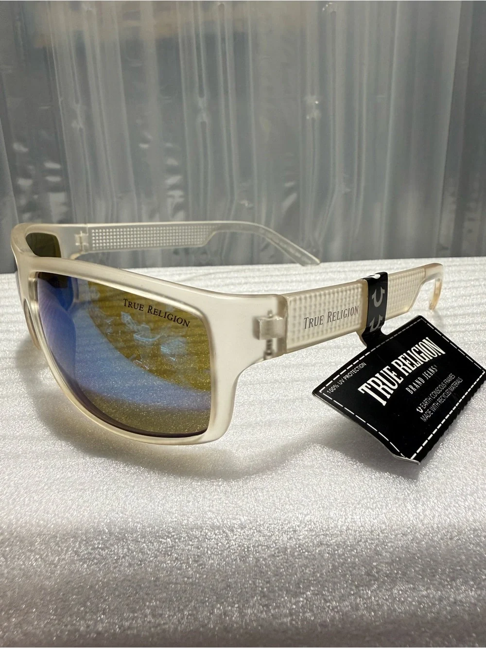 True Religion Men’s Sport Wrap Sunglasses Clear-Off White Blue Mirror-NWT